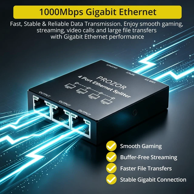 Alt view image 2 of 7 - PROZOR Gigabit Ethernet Splitter 1 to 4, USB Powered RJ45 Network Switch | Connect Four Wired Devices, Up to 1000 Mbps, 5 V USB C Power, Metal Housing, 1 m USB Power Cable and 0.5 m Ethernet Cable