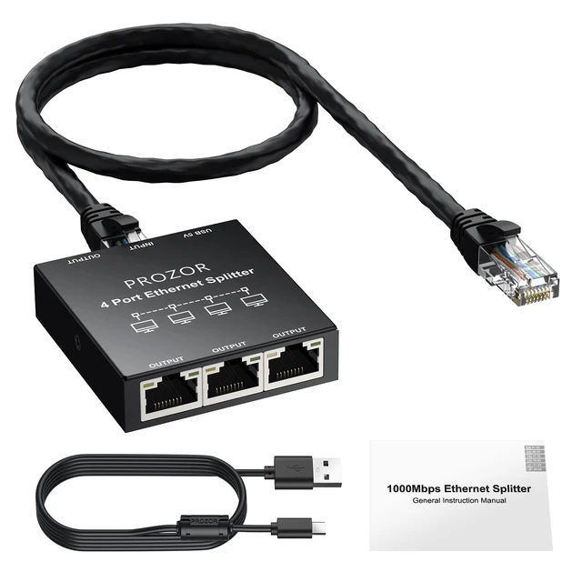 Alt view image 7 of 7 - PROZOR Gigabit Ethernet Splitter 1 to 4, USB Powered RJ45 Network Switch | Connect Four Wired Devices, Up to 1000 Mbps, 5 V USB C Power, Metal Housing, 1 m USB Power Cable and 0.5 m Ethernet Cable