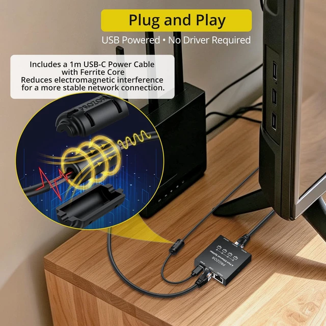 Alt view image 4 of 7 - PROZOR Gigabit Ethernet Splitter 1 to 4, USB Powered RJ45 Network Switch | Connect Four Wired Devices, Up to 1000 Mbps, 5 V USB C Power, Metal Housing, 1 m USB Power Cable and 0.5 m Ethernet Cable