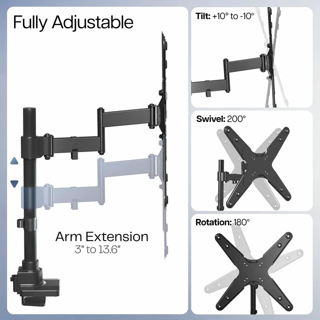 Alt view image 3 of 7 - VIVO Ultra Wide Monitor and TV Desk Mount for up to 55 inch Screens, Single Television Stand with Articulating Arm, Holds up to 44 lbs, Max VESA 400x400mm, Black, STAND-V155D