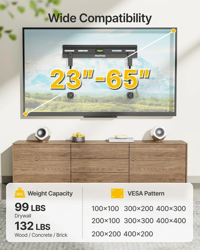 Alt view image 5 of 7 - No Stud TV Wall Mount for 23-65 Inch Flat & Curved TVs up to 132 lbs | No Drill & Low Profile Studless TV Mount, Max VESA 400×400mm, 4X Load Tested, Easy Install, for Drywall,Wood Studs,Concrete