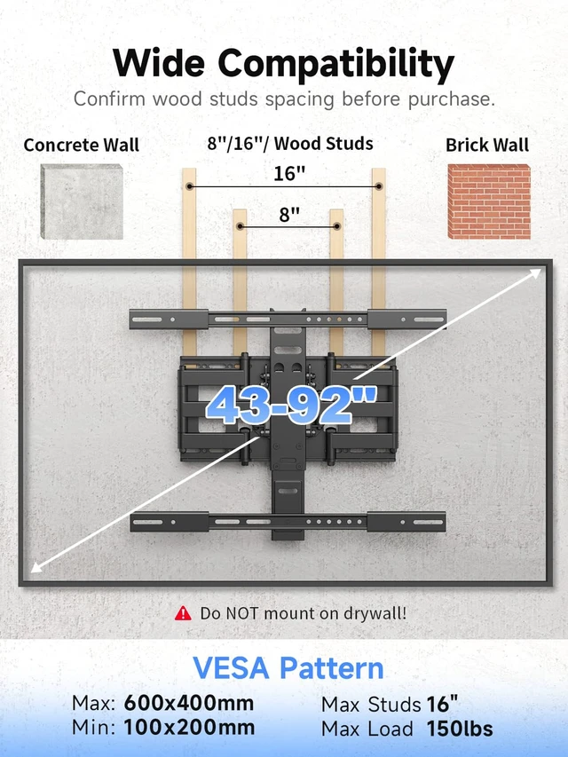 Alt view image 7 of 7 - Reinforced Ultra Slim TV Wall Mount 1.38" Low Profile for 43-92" TVs | Heavy Duty Full Motion TV Mount Wall Bracket with Dual Arms, Swivel, Tilt, Fits 16" Studs, Max VESA 600x400mm, Holds 150lbs