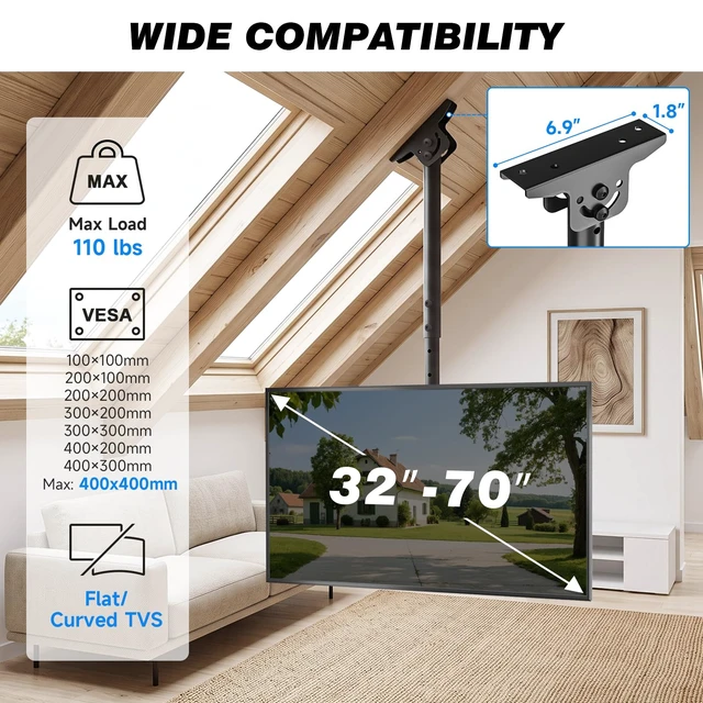 Alt view image 2 of 7 - Ceiling TV Mount for 32-70 inch TVs, Sloped Ceiling Mount TV Bracket | Swivel 360° Tilt 25° Level ±3°, Hanging TV Mount Holds 110 Lbs for Home Patio Gazebo, Height Adjustable, Max VESA 400x400mm