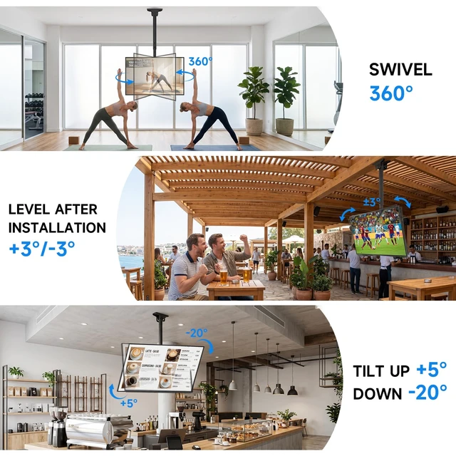Alt view image 3 of 7 - Ceiling TV Mount for 32-70 inch TVs, Sloped Ceiling Mount TV Bracket | Swivel 360° Tilt 25° Level ±3°, Hanging TV Mount Holds 110 Lbs for Home Patio Gazebo, Height Adjustable, Max VESA 400x400mm