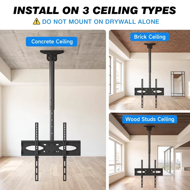 Alt view image 7 of 7 - Ceiling TV Mount for 32-70 inch TVs, Sloped Ceiling Mount TV Bracket | Swivel 360° Tilt 25° Level ±3°, Hanging TV Mount Holds 110 Lbs for Home Patio Gazebo, Height Adjustable, Max VESA 400x400mm