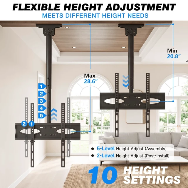 Alt view image 4 of 7 - Ceiling TV Mount for 32-70 inch TVs, Sloped Ceiling Mount TV Bracket | Swivel 360° Tilt 25° Level ±3°, Hanging TV Mount Holds 110 Lbs for Home Patio Gazebo, Height Adjustable, Max VESA 400x400mm