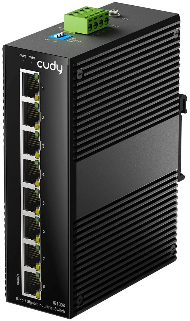 Main image of Cudy 8-Port Gigabit Industrial Switch DIN Rail Metal Housing, IG1008 | 8x GbE rugged, port isolation/250m mode DIP, plug & play, IP40, -40 to 85C, dual DC input, 6kV lightning protection