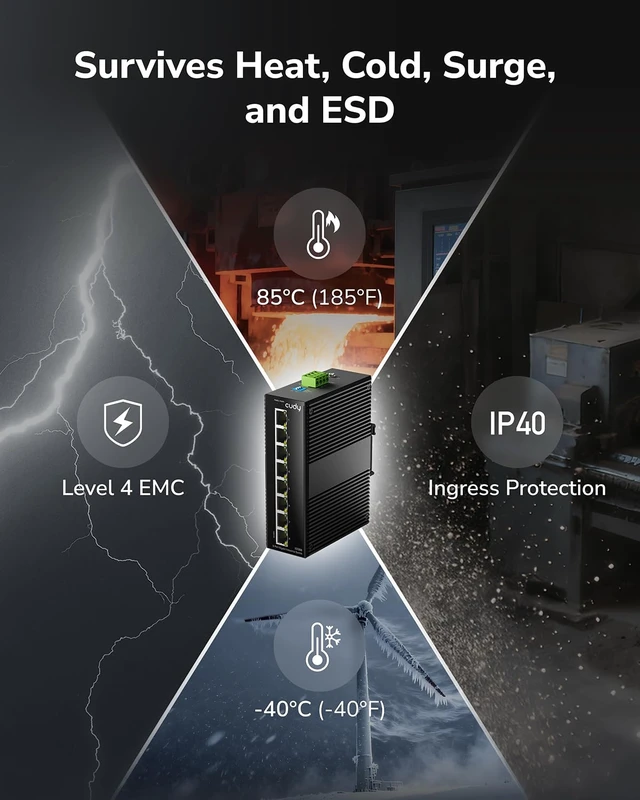 Alt view image 3 of 7 - Cudy 8-Port Gigabit Industrial Switch DIN Rail Metal Housing, IG1008 | 8x GbE rugged, port isolation/250m mode DIP, plug & play, IP40, -40 to 85C, dual DC input, 6kV lightning protection
