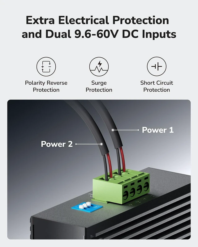 Alt view image 4 of 7 - Cudy 8-Port Gigabit Industrial Switch DIN Rail Metal Housing, IG1008 | 8x GbE rugged, port isolation/250m mode DIP, plug & play, IP40, -40 to 85C, dual DC input, 6kV lightning protection