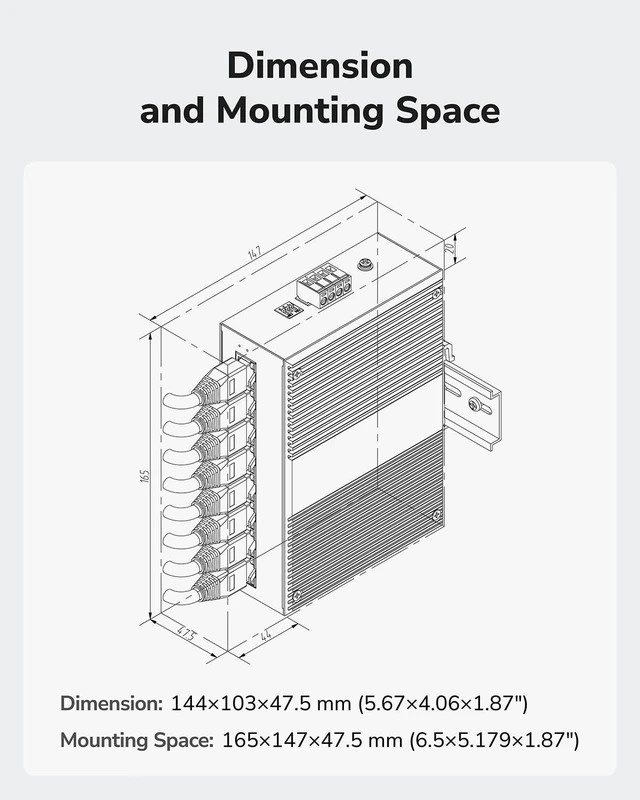 Alt view image 7 of 7 - Cudy 8-Port Gigabit Industrial Switch DIN Rail Metal Housing, IG1008 | 8x GbE rugged, port isolation/250m mode DIP, plug & play, IP40, -40 to 85C, dual DC input, 6kV lightning protection