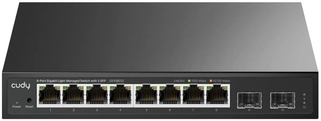 Main image of Cudy 10 Port Gigabit Smart Switch, 2 SFP Uplink, 21Gbps, GS108ES2 | 8x GbE, 2x fiber upstream, wire-speed throughput, port isolation/250m mode, SPCC body, 190x100x28mm, tabletop install