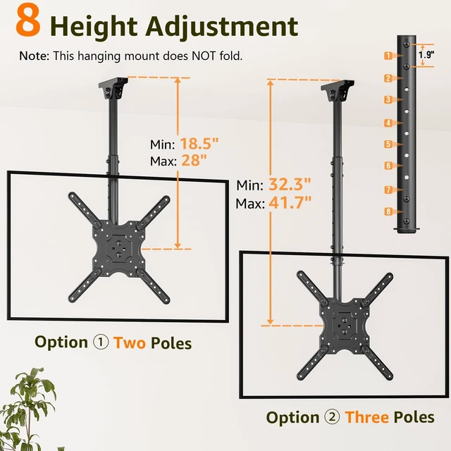 Alt view image 2 of 7 - ELIVED Ceiling TV Mount for 26-65" TVs, 360° Swivel Height Adjustable | Hanging TV Bracket for Flat Sloped Roof, Full Motion, Cable Management, Max VESA 400x400mm, Holds up to 99 lbs.