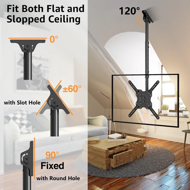 Alt view image 3 of 7 - ELIVED Ceiling TV Mount for 26-65" TVs, 360° Swivel Height Adjustable | Hanging TV Bracket for Flat Sloped Roof, Full Motion, Cable Management, Max VESA 400x400mm, Holds up to 99 lbs.