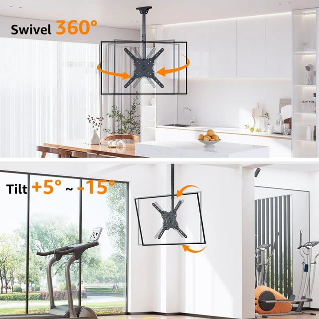 Alt view image 4 of 7 - ELIVED Ceiling TV Mount for 26-65" TVs, 360° Swivel Height Adjustable | Hanging TV Bracket for Flat Sloped Roof, Full Motion, Cable Management, Max VESA 400x400mm, Holds up to 99 lbs.