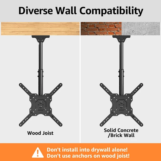 Alt view image 6 of 7 - ELIVED Ceiling TV Mount for 26-65" TVs, 360° Swivel Height Adjustable | Hanging TV Bracket for Flat Sloped Roof, Full Motion, Cable Management, Max VESA 400x400mm, Holds up to 99 lbs.