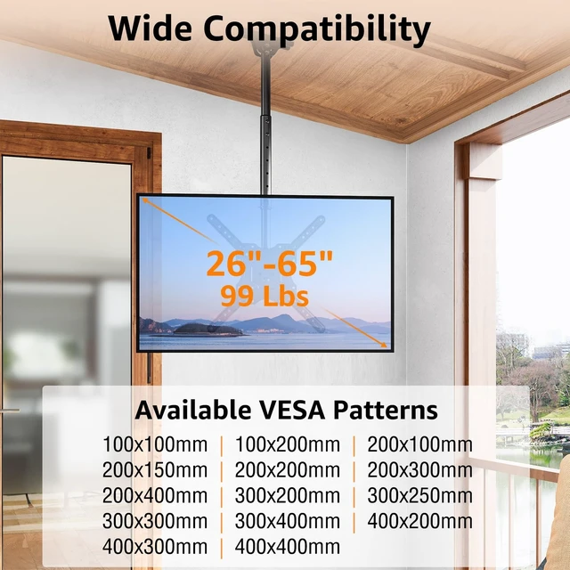 Alt view image 5 of 7 - ELIVED Ceiling TV Mount for 26-65" TVs, 360° Swivel Height Adjustable | Hanging TV Bracket for Flat Sloped Roof, Full Motion, Cable Management, Max VESA 400x400mm, Holds up to 99 lbs.