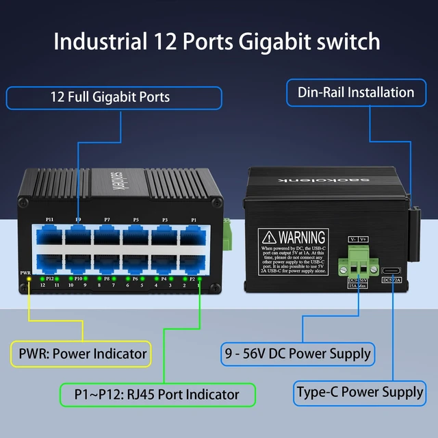 Alt view image 2 of 7 - Saokolenk 12-Port Industrial Gigabit Switch USB-C 5V9-56V DC Power Input | 10/100/1000 Mbps Unmanaged ,20Gbps,-40°F to 176°F,DIN Rail/Wall Mount,IP40 Aluminium Case, for IP Cameras, Office Buildings