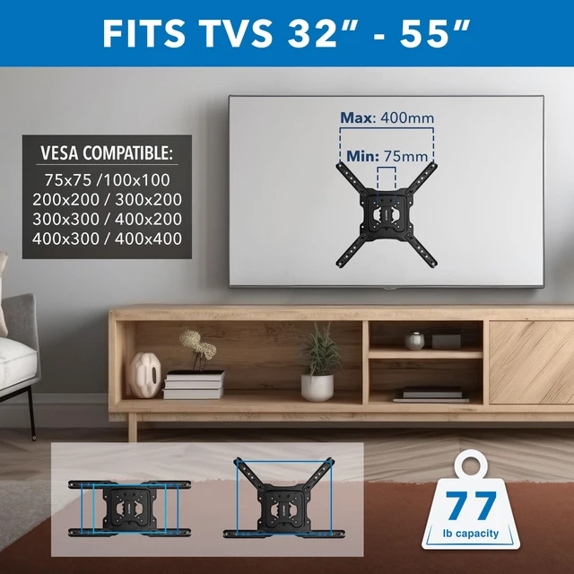 Alt view image 6 of 7 - Mount-It! UL Certified Full Motion TV Wall Mount for Most 32-55 Inch Flat Screen TVs, Articulating TV Bracket Max VESA 400x400, Holds up to 308 lbs, Swivel and Tilt Bracket for 32, 42, 55 inch