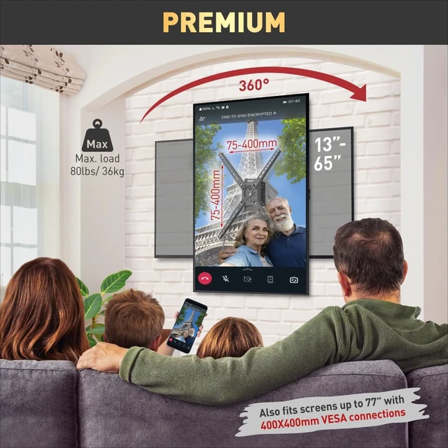 Alt view image 2 of 7 - Barkan Landscape-Portrait Rotation 13-65 inch TV Wall Mount, Flat/Curved Screen Bracket, Holds up to 80lbs, Auto Lock Patented, Fits LED OLED LCD, Vertical and Horizontal