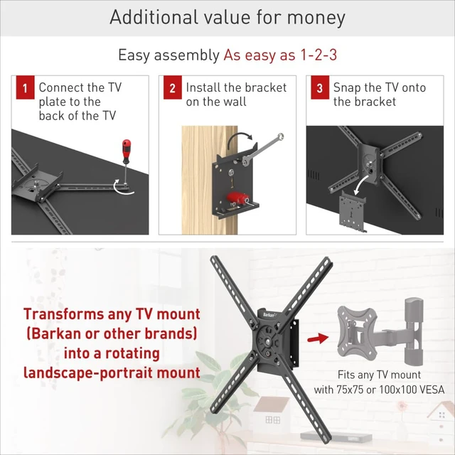 Alt view image 4 of 7 - Barkan Landscape-Portrait Rotation 13-65 inch TV Wall Mount, Flat/Curved Screen Bracket, Holds up to 80lbs, Auto Lock Patented, Fits LED OLED LCD, Vertical and Horizontal