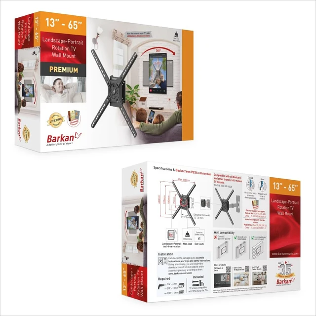 Alt view image 7 of 7 - Barkan Landscape-Portrait Rotation 13-65 inch TV Wall Mount, Flat/Curved Screen Bracket, Holds up to 80lbs, Auto Lock Patented, Fits LED OLED LCD, Vertical and Horizontal