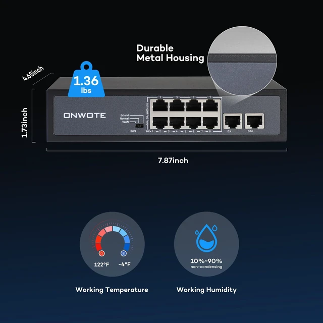 Alt view image 6 of 7 - ONWOTE 8 Ports 120W Ethernet PoE Switch, 8X 10/100M PoE Ports | 2x Uplink Gigabit 1000M RJ45 Ports, Add-on Unmanaged Network Ethernet Injector to NVR PoE Security Camera System