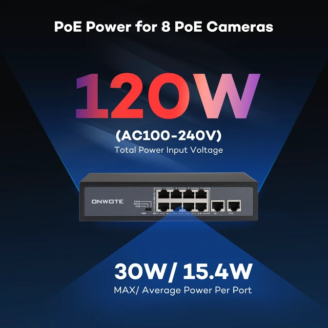 Alt view image 3 of 7 - ONWOTE 8 Ports 120W Ethernet PoE Switch, 8X 10/100M PoE Ports | 2x Uplink Gigabit 1000M RJ45 Ports, Add-on Unmanaged Network Ethernet Injector to NVR PoE Security Camera System