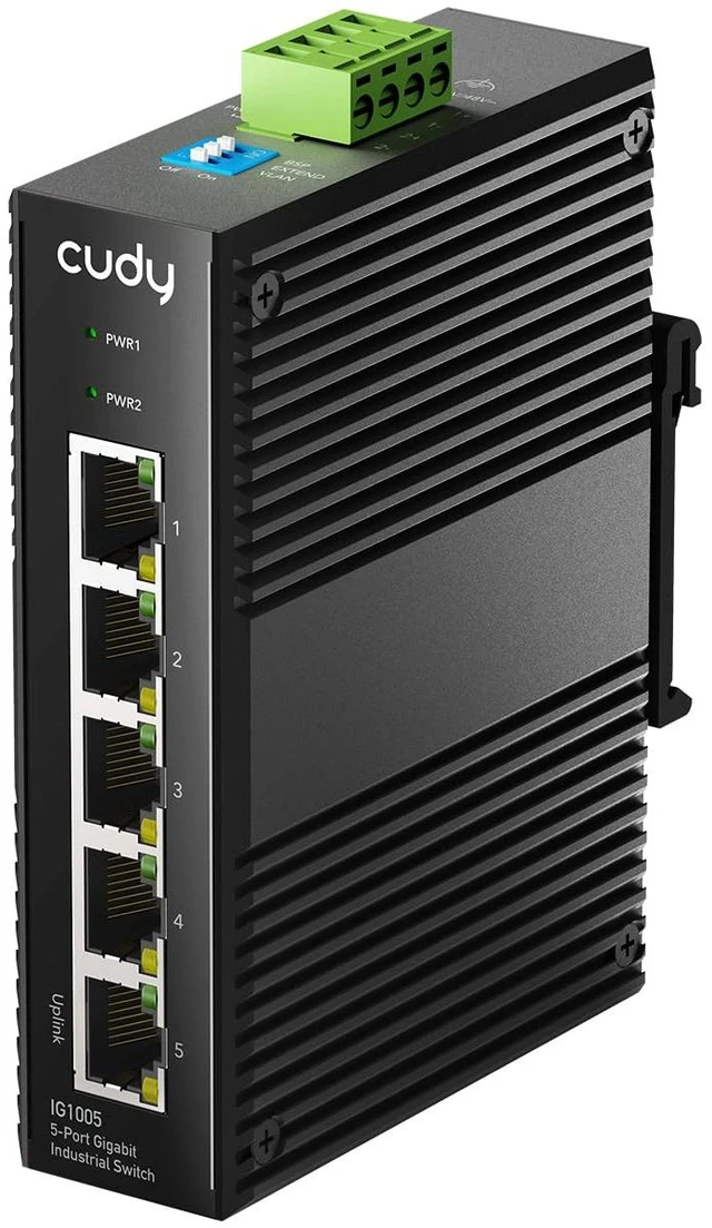 Main image of Cudy 5-Port Gigabit Industrial Switch DIN Rail Metal Housing, IG1005 | 5x GbE rugged, port isolation/250m mode DIP, plug & play, IP40, -40 to 85C, dual DC input, 6kV lightning protection