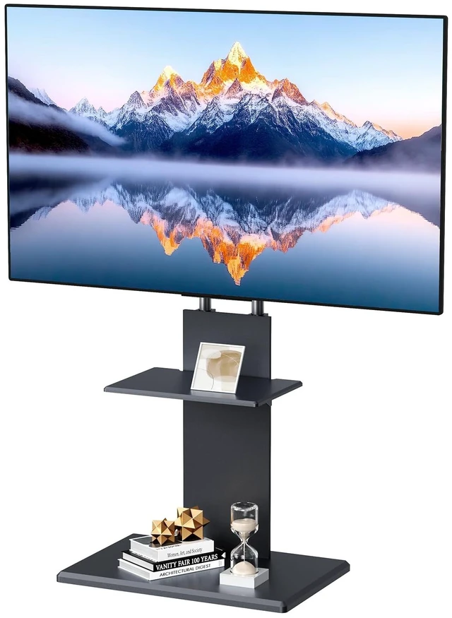 Main image of Afaloona Floor TV Stand for 32-70" TVs, Height Adjustable, Media Shelf | Black Furniture-style design with ±15° swivel, Supports up to 99 lbs, sturdy wood base for living room, Max VESA 600×400mm