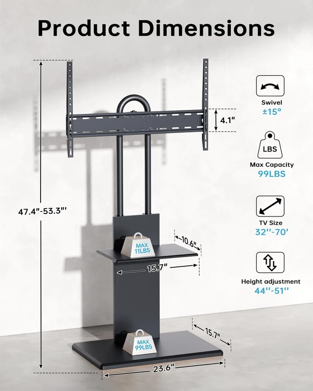 Alt view image 2 of 7 - Afaloona Floor TV Stand for 32-70" TVs, Height Adjustable, Media Shelf | Black Furniture-style design with ±15° swivel, Supports up to 99 lbs, sturdy wood base for living room, Max VESA 600×400mm