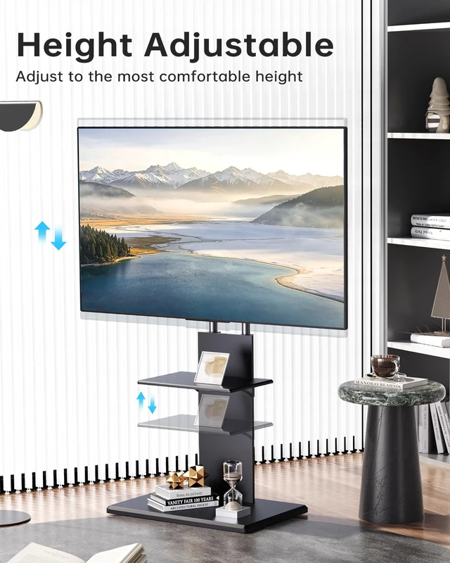 Alt view image 3 of 7 - Afaloona Floor TV Stand for 32-70" TVs, Height Adjustable, Media Shelf | Black Furniture-style design with ±15° swivel, Supports up to 99 lbs, sturdy wood base for living room, Max VESA 600×400mm