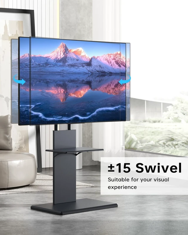 Alt view image 4 of 7 - Afaloona Floor TV Stand for 32-70" TVs, Height Adjustable, Media Shelf | Black Furniture-style design with ±15° swivel, Supports up to 99 lbs, sturdy wood base for living room, Max VESA 600×400mm