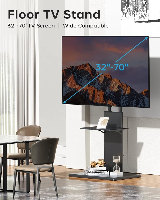 Alt view image 5 of 7 - Afaloona Floor TV Stand for 32-70" TVs, Height Adjustable, Media Shelf | Black Furniture-style design with ±15° swivel, Supports up to 99 lbs, sturdy wood base for living room, Max VESA 600×400mm