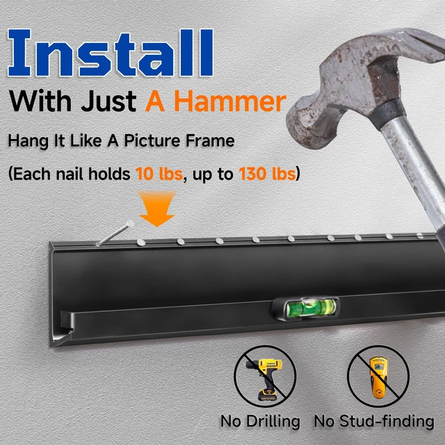 Alt view image 6 of 7 - No Stud TV Wall Mount, 32-70 Inch TVs, No Drill, Holds Up to 130 lbs | Auto-Locking TV Bracket, 2X Wider for Stability, Studless Drywall Mount, Easy Nail Install, 1.2" Low Profile, With Hardware