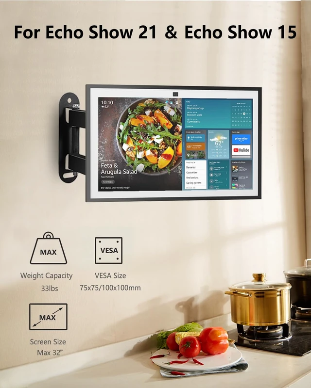 Alt view image 3 of 7 - Nuyoah Wall Mount for Echo Show 15, Full Motion TV Mount for 13-32 Inch TVs | Wall Mounting Bracket with Adjustable Arm, Rotation, Smooth Swivel & Tilt, Max VESA 100x100mm, Holds up to 33lbs, Black