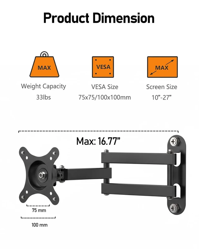 Alt view image 6 of 7 - Nuyoah Wall Mount for Echo Show 15, Full Motion TV Mount for 13-32 Inch TVs | Wall Mounting Bracket with Adjustable Arm, Rotation, Smooth Swivel & Tilt, Max VESA 100x100mm, Holds up to 33lbs, Black