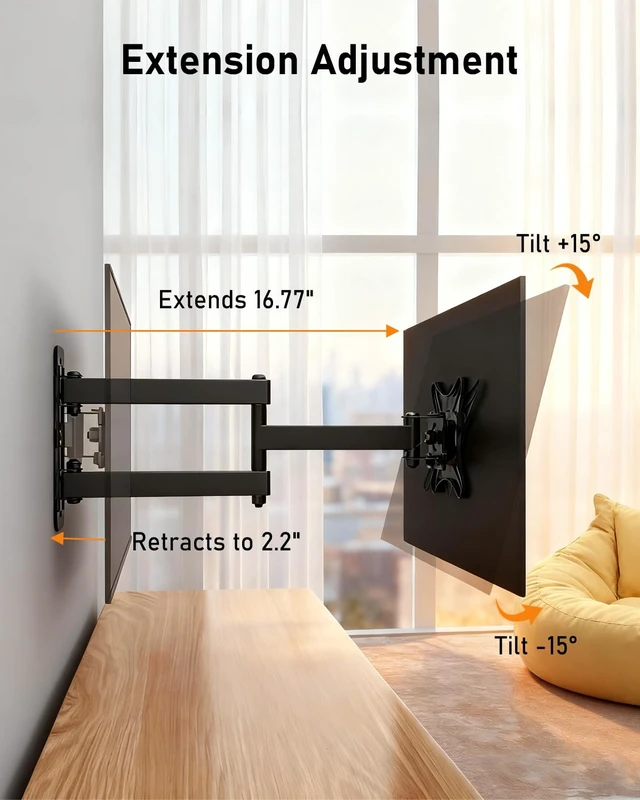 Alt view image 7 of 7 - Nuyoah Wall Mount for Echo Show 15, Full Motion TV Mount for 13-32 Inch TVs | Wall Mounting Bracket with Adjustable Arm, Rotation, Smooth Swivel & Tilt, Max VESA 100x100mm, Holds up to 33lbs, Black