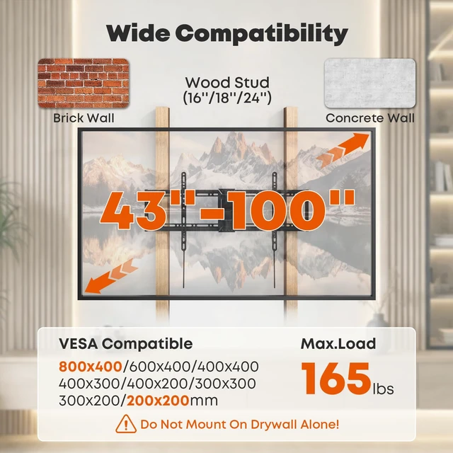 Alt view image 2 of 7 - Heavy Duty Tilting TV Wall Mount for 43-100 Inch TVs up to 165 lbs | 1.65"Ultra Slim Wall Bracket Fits 16"/18"/24" Studs, 0°~-8° Tilt,Max VESA 800x400mm