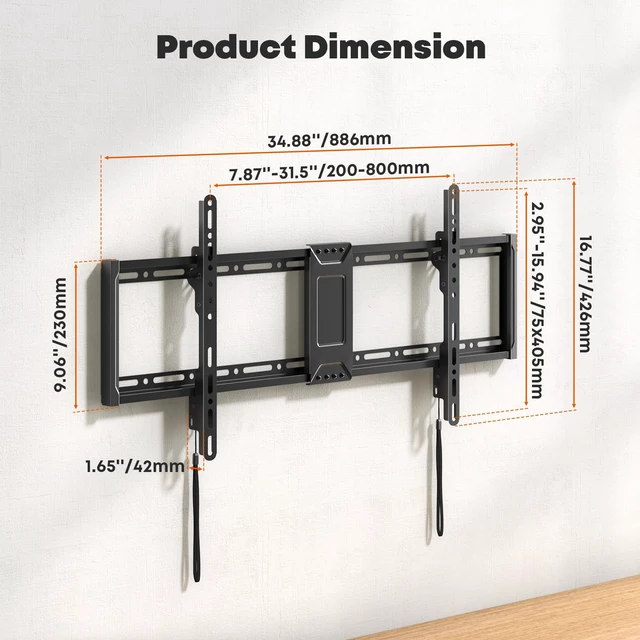 Alt view image 7 of 7 - Heavy Duty Tilting TV Wall Mount for 43-100 Inch TVs up to 165 lbs | 1.65"Ultra Slim Wall Bracket Fits 16"/18"/24" Studs, 0°~-8° Tilt,Max VESA 800x400mm