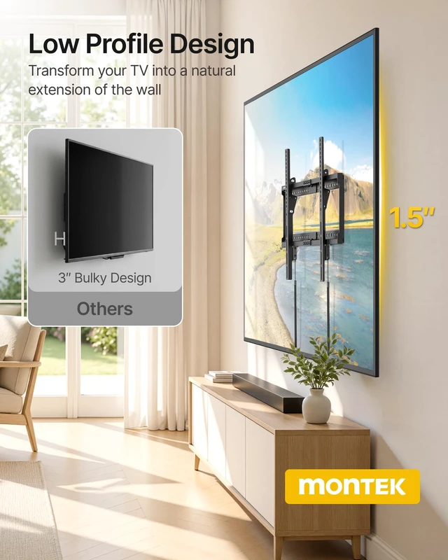 Alt view image 5 of 7 - monTEK Tilting Low Profile TV Wall Mount for 37"-86" TVs, Max 165lbs | Heavy Duty TV Bracket Anti-Glare Mount for Flat Curved Screen, Fits 16"/18"/24" Studs, VESA 600x400
