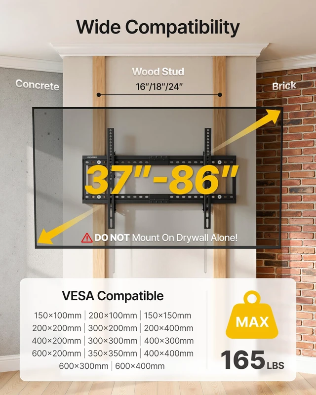 Alt view image 3 of 7 - monTEK Tilting Low Profile TV Wall Mount for 37"-86" TVs, Max 165lbs | Heavy Duty TV Bracket Anti-Glare Mount for Flat Curved Screen, Fits 16"/18"/24" Studs, VESA 600x400