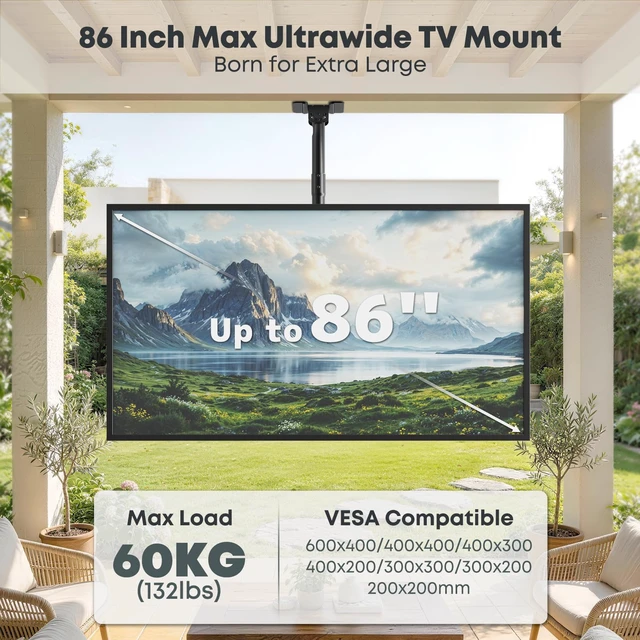 Alt view image 2 of 7 - Ceiling TV Mount for 43-86 Screens, Heavy Duty Full Motion TV Bracket | Tilt & 360° Swivel, Height Adjustable, Fits Most LCD LED OLED 4K TVs, Supports up to 132lbs, Max VESA 600x400mm,Black