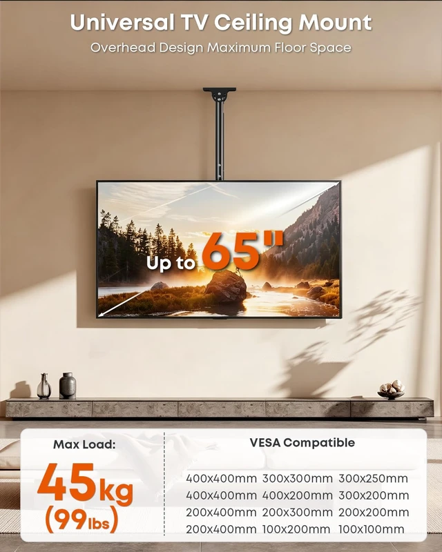Alt view image 2 of 7 - Ceiling TV Mount for 2665-Inch TVs, Adjustable Full-Motion Bracket | Heavy Duty, Height Adjustment Pole Ceiling Mount Supports up to 99lbs, Max VESA 400x400mm, Black