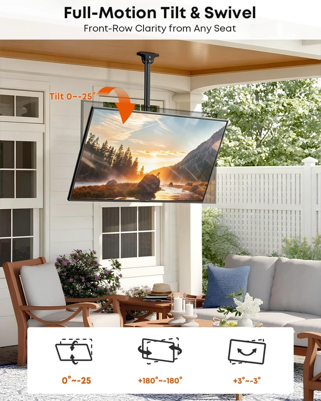 Alt view image 3 of 7 - Ceiling TV Mount for 2665-Inch TVs, Adjustable Full-Motion Bracket | Heavy Duty, Height Adjustment Pole Ceiling Mount Supports up to 99lbs, Max VESA 400x400mm, Black