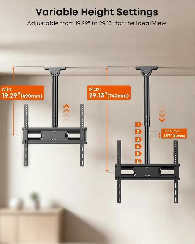Alt view image 4 of 7 - Ceiling TV Mount for 2665-Inch TVs, Adjustable Full-Motion Bracket | Heavy Duty, Height Adjustment Pole Ceiling Mount Supports up to 99lbs, Max VESA 400x400mm, Black