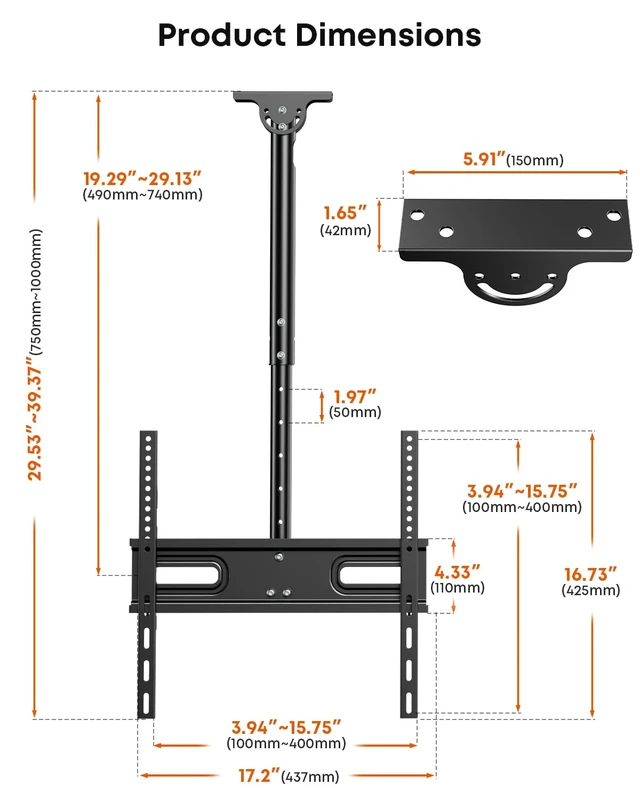 Alt view image 7 of 7 - Ceiling TV Mount for 2665-Inch TVs, Adjustable Full-Motion Bracket | Heavy Duty, Height Adjustment Pole Ceiling Mount Supports up to 99lbs, Max VESA 400x400mm, Black