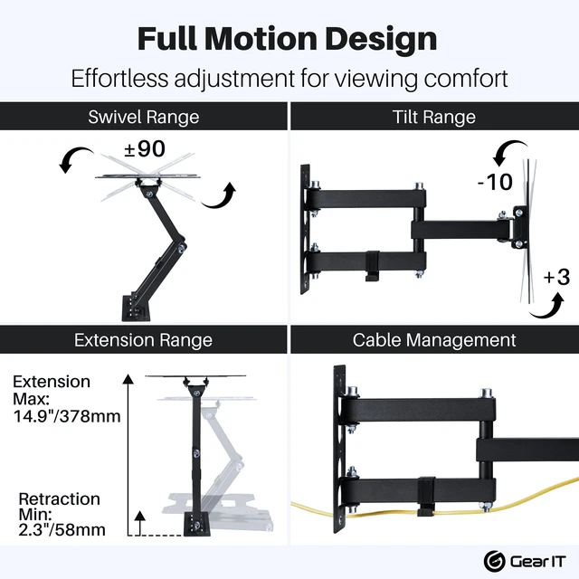 Alt view image 3 of 7 - GEARit Full Motion TV Wall Mount 23 to 43 inch Swivel Tilt VESA 75 100 200 | Holds up to 66 lbs, Articulating Extension Arm, Swivel Tilt and Level, Monitor and TV, Hardware Included