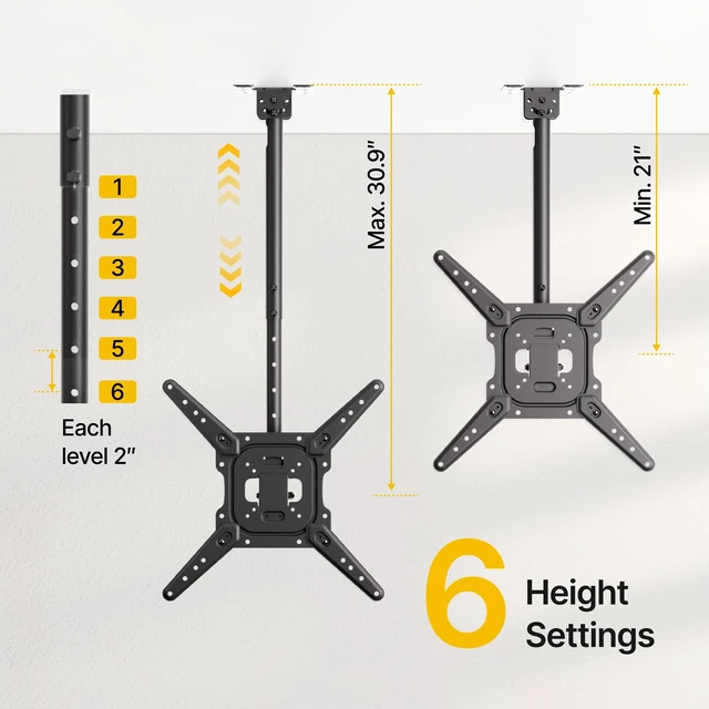 Alt view image 2 of 7 - monTEK Ceiling TV Mount Bracket for 23-55 inch Screens Holds up to 77lbs | 360° Swivel, -25° Tilt, ±3° Level, 21-30.9" Height Adjustment, Max VESA 400x400mm, Fit Sloped, for Home Gym Attic Shop