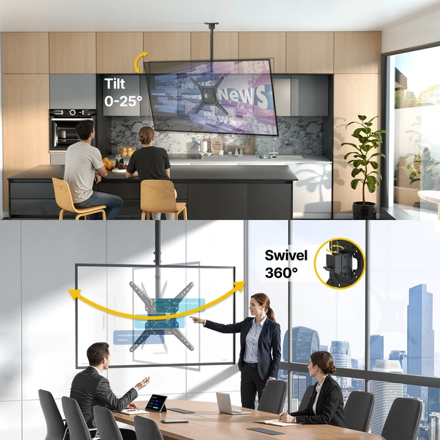Alt view image 3 of 7 - monTEK Ceiling TV Mount Bracket for 23-55 inch Screens Holds up to 77lbs | 360° Swivel, -25° Tilt, ±3° Level, 21-30.9" Height Adjustment, Max VESA 400x400mm, Fit Sloped, for Home Gym Attic Shop