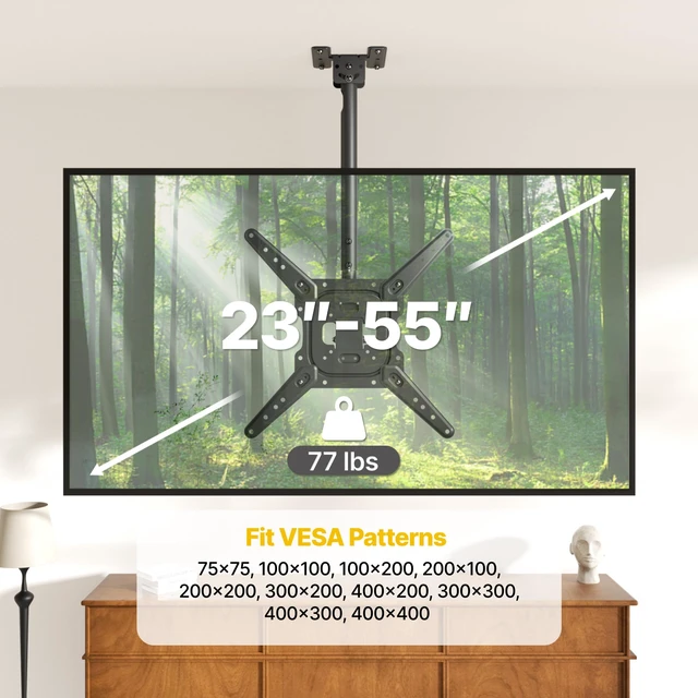 Alt view image 6 of 7 - monTEK Ceiling TV Mount Bracket for 23-55 inch Screens Holds up to 77lbs | 360° Swivel, -25° Tilt, ±3° Level, 21-30.9" Height Adjustment, Max VESA 400x400mm, Fit Sloped, for Home Gym Attic Shop